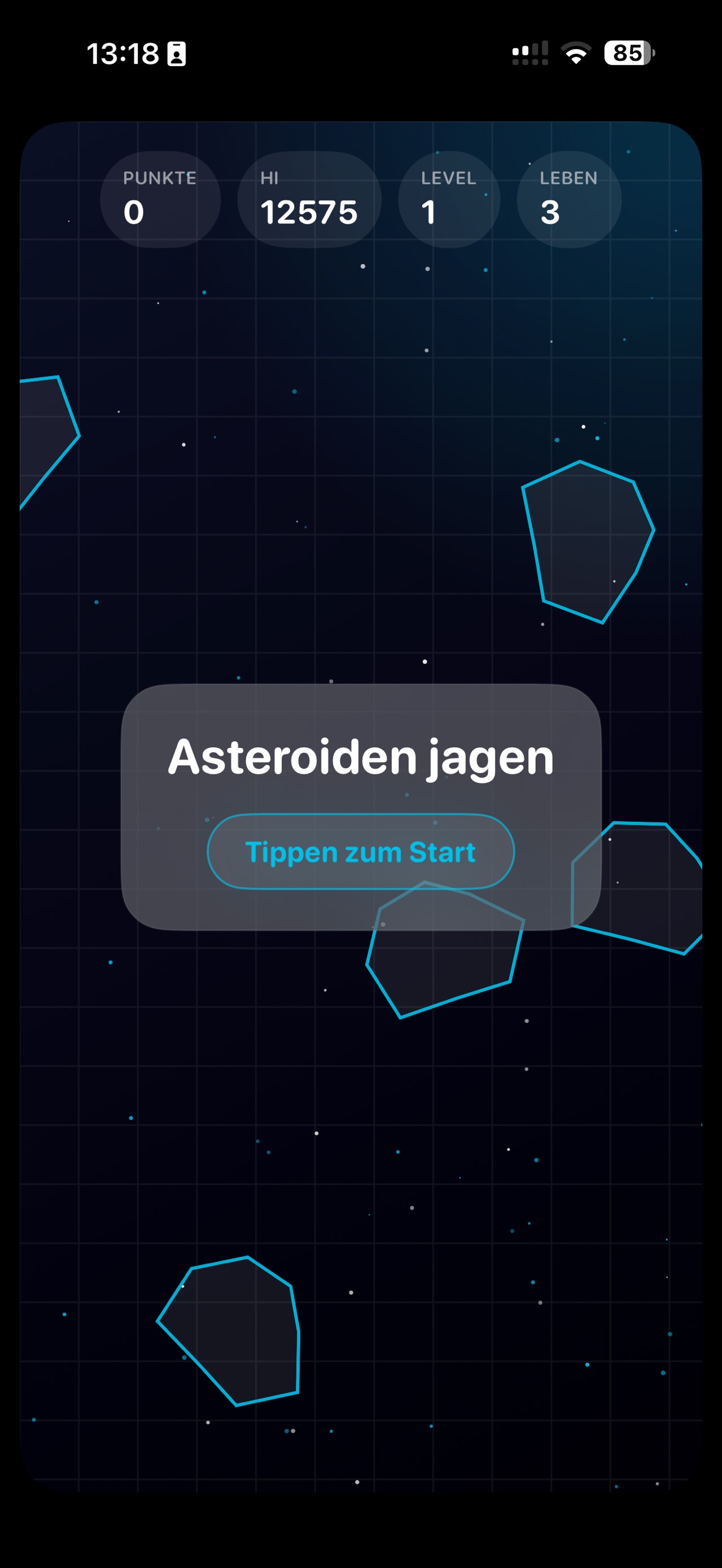 Startansicht von Asteroidenjagen